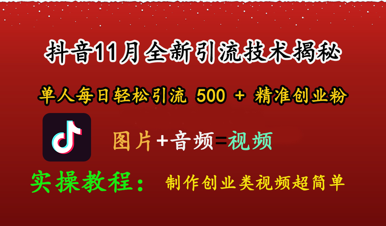 抖音11月全新引流技术,图片+视频 就能轻松制作创业类视频,单人每日轻松引流500+精准创业粉-天行资源库