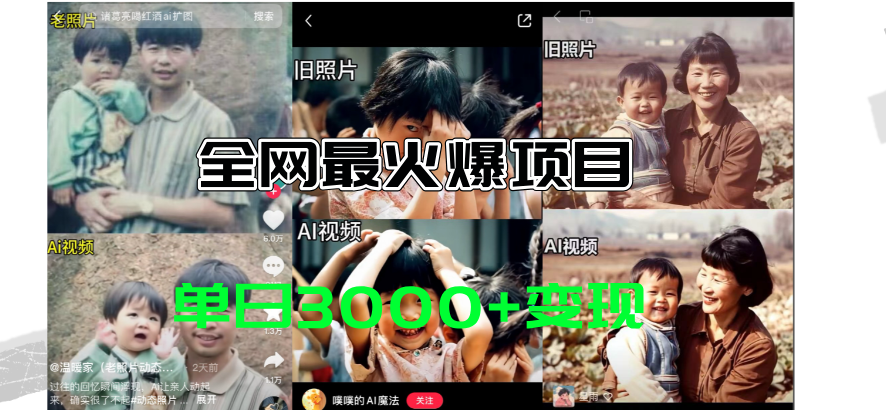 全网爆火的AI让老照片动起来教程，蹭热点日赚3000+，内含免费工具一键生成-天行资源库