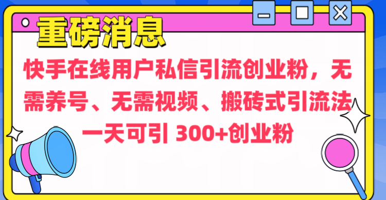 通过给快手在线用户私信引流创业粉,无需养号、无需视频、搬砖式引流法,一天可引300+创业粉-天行资源库