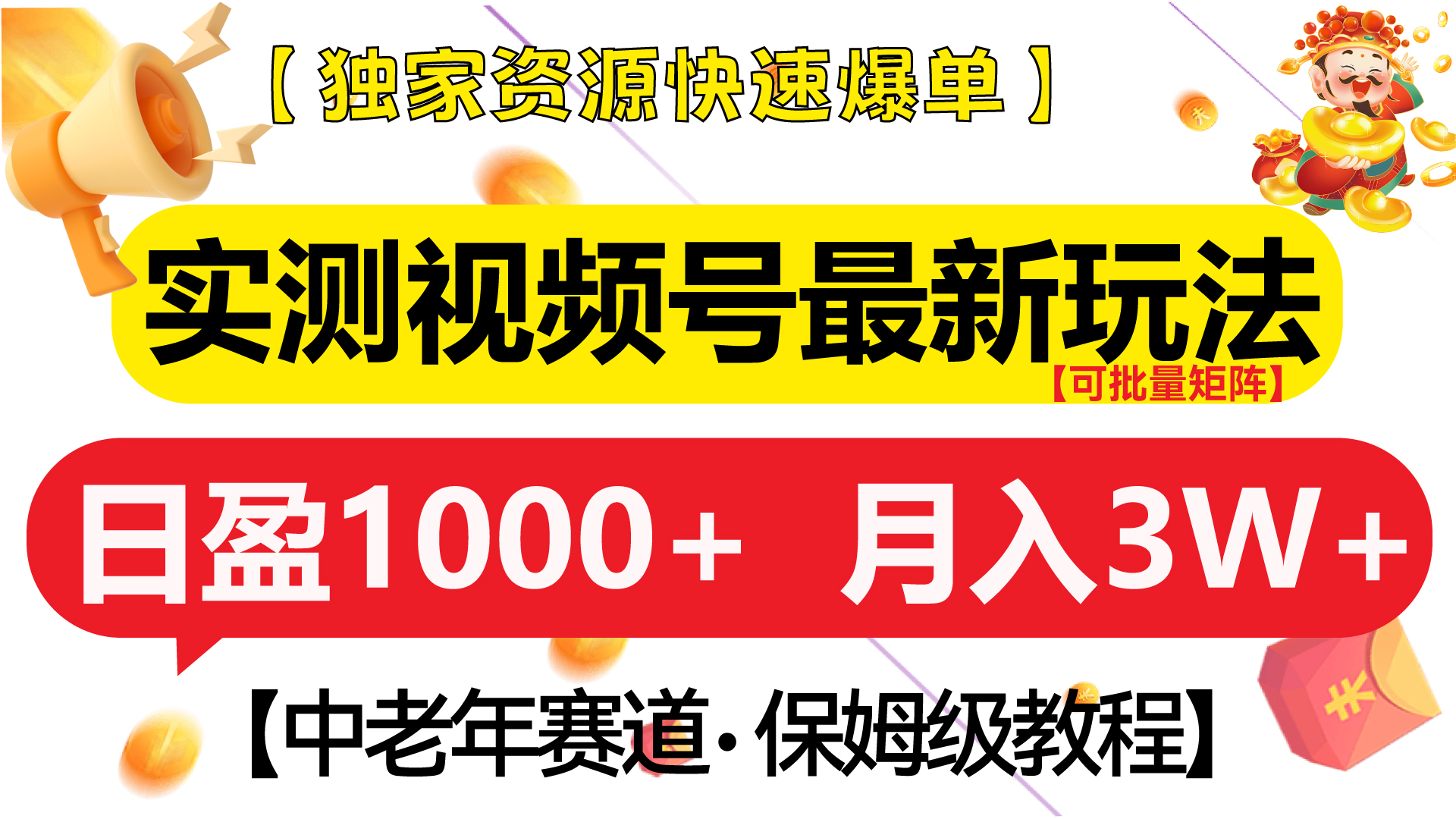 实测视频号最新玩法 中老年赛道独家资源快速爆单 可批量矩阵 日盈1000+ 月入3W+ 附保姆级教程-天行资源库