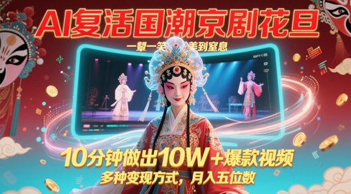AI复活国潮京剧花旦,一颦一笑美到窒息,10分钟做出10W+爆款视频,多种变现方式,月入五位数-天行资源库