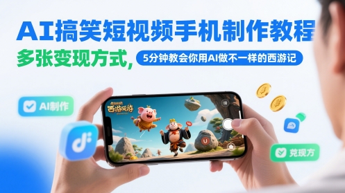 AI搞笑短视频手机制作教程,多张变现方式,5分钟教会你用AI做不一样的西游记-天行资源库
