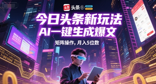 今日头条新玩法，AI一键生成爆文，矩阵操作，月入5位数-天行资源库