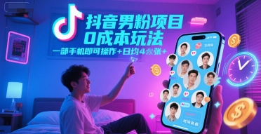 抖音男粉项目0成本玩法，一部手机即可操作，日均4张+，时间自由-天行资源库