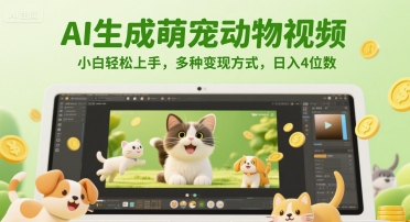 AI生成萌宠动物视频,小白轻松上手,多种变现方式,日入4位数-天行资源库