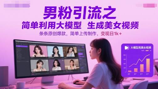 男粉引流之简单利用大模型生成美女视频，条条原创爆款，简单上传制作，变现日1k+-天行资源库