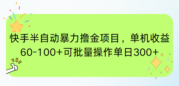 快手半自动暴力撸金项目,单机收益60-100+可批量操作单日300+-天行资源库