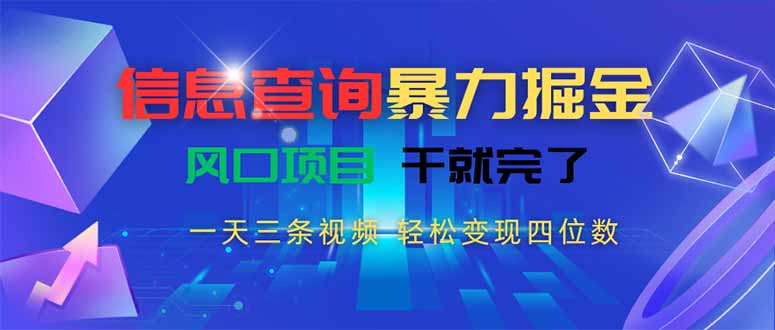 信息查询暴力掘金,一天三条视频 轻松变现四位数,风口项目干就完了-天行资源库