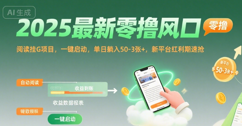 2025最新零撸风口,阅读挂G项目,一键启动,单日躺入 50-3张+,新平台红利期速抢【揭秘】-天行资源库