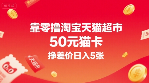 靠零撸淘宝天猫超市50元猫卡,挣差价日入5张-天行资源库