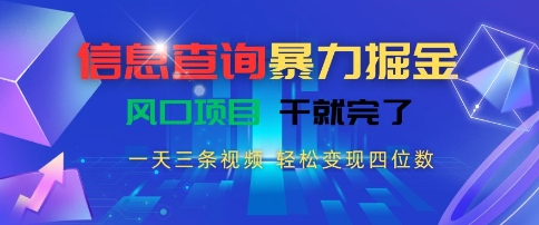 信息查询暴力掘金,一天三条视频,轻松变现四位数,风口项目干就完了【揭秘】-天行资源库