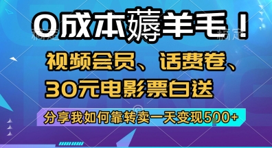 0成本薅羊毛!视频会员、话费卷、30元电影票白送，分享我如何靠转卖一天变现5张+【揭秘】-天行资源库
