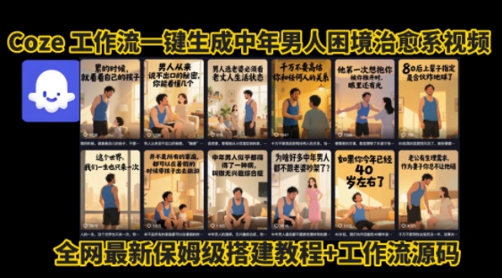 coze工作流一键生成”中年男人困境扎心高涨粉高播放量图文视频”保姆级拆解教程，无需剪辑，无需拍摄写文案-天行资源库