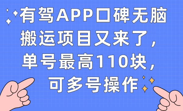 有驾APP口碑无脑搬运项目又来了,单号最高110块,可多号操作-天行资源库