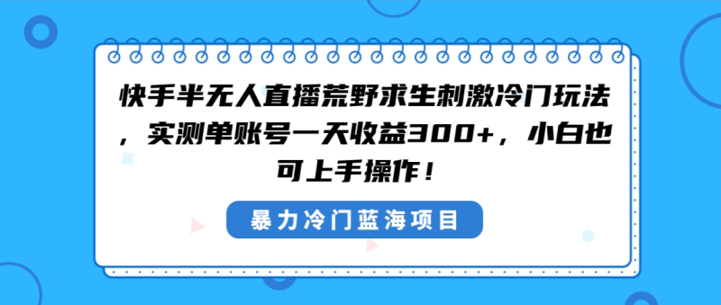 快手半无人直播荒野求生刺激冷门玩法,实测单账号一天收益300+,小白也…-天行资源库