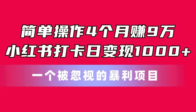 简单操作4个月赚9万!小红书打卡日变现1000+!一个被忽视的暴力项目-天行资源库